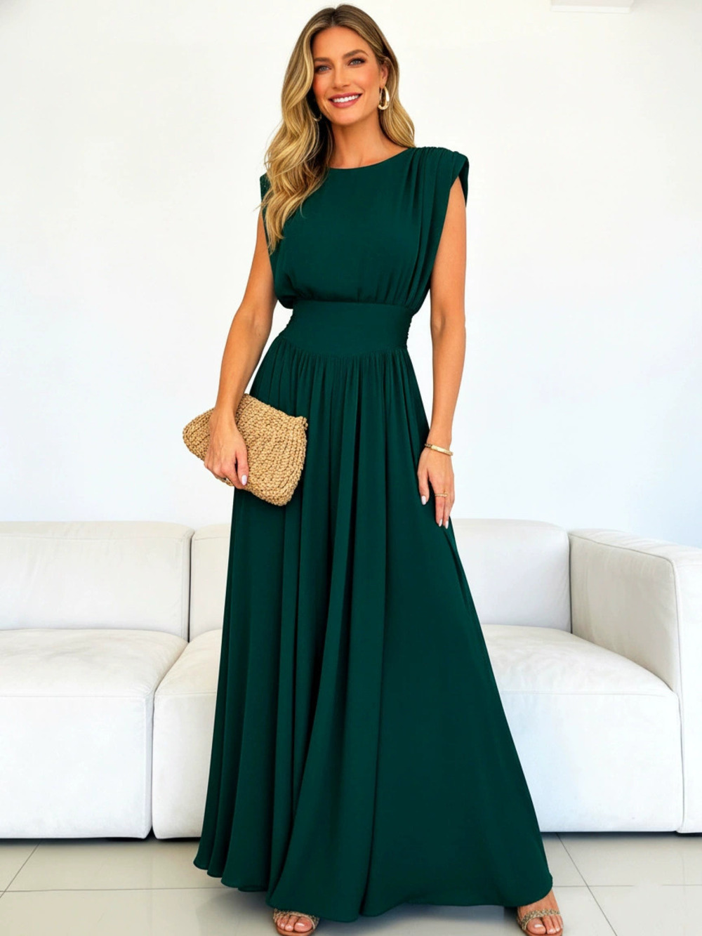 ZARA Hot Selling Pleated Long Waist Defining Evening Dress